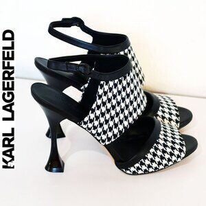Karl Lagerfeld Paris Camryn Leather Sandal in Black/White Fabric
